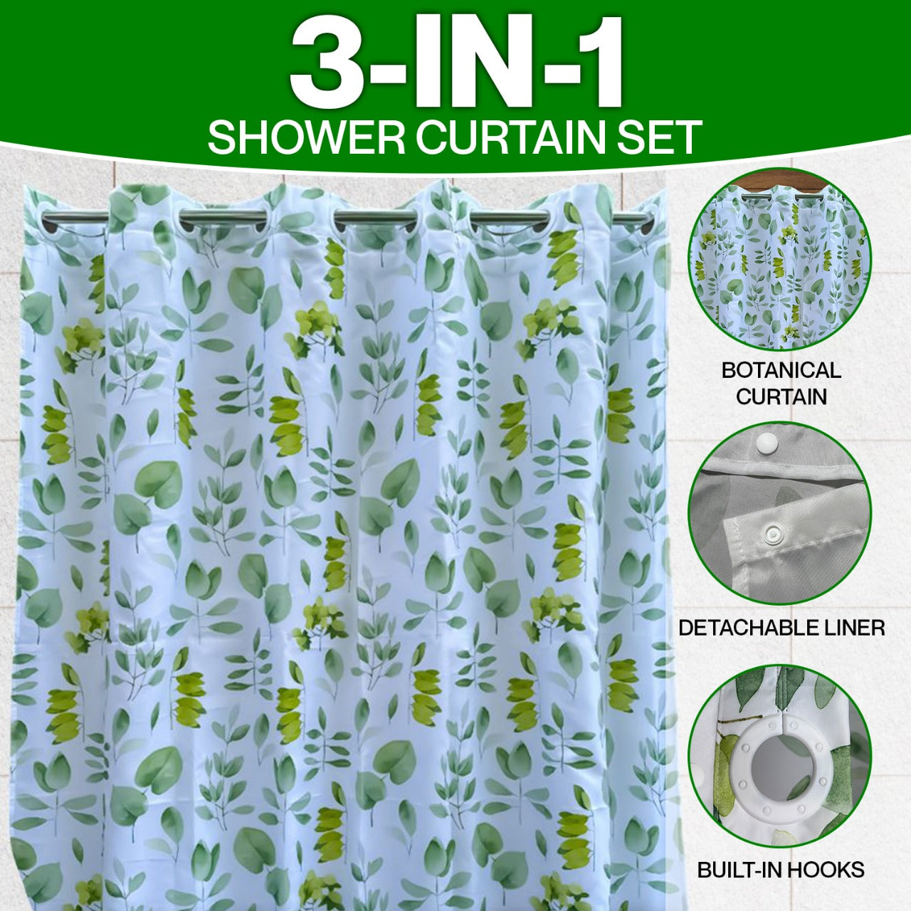 botanical no hook shower curtain with built in hooks, detachable liner, botanical curtain, water repellent, washable