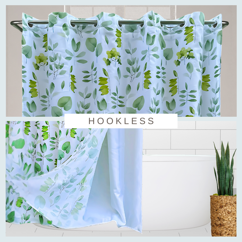 Light blue floral hookless shower curtain with green leaf pattern hanging on a silver rod above a modern white bathtub, featuring a snap-in liner and no-ring design.