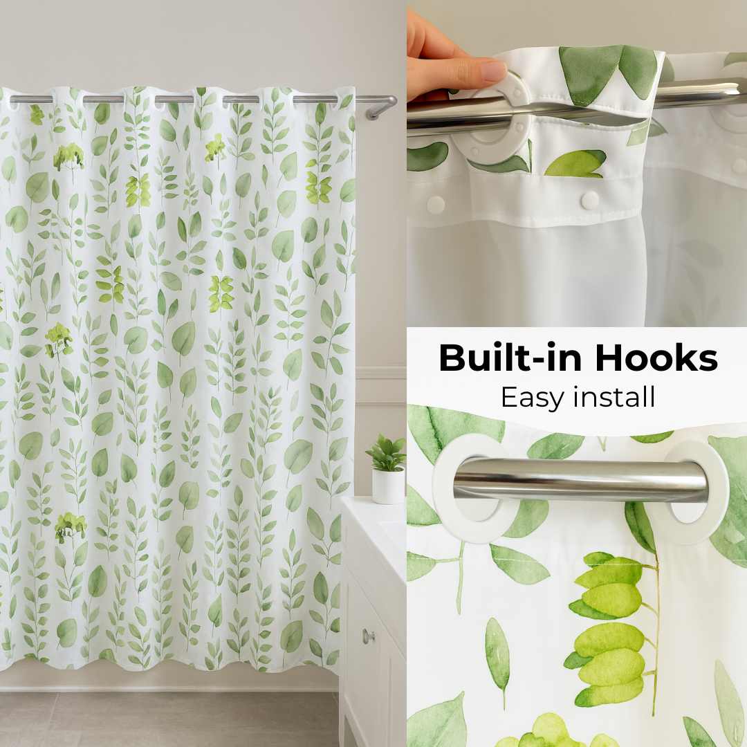 Botanical design shower curtain in green with no hooks required, includes detachable liner.