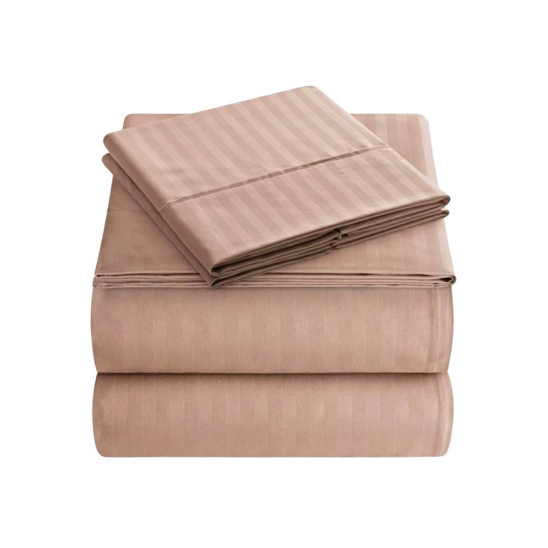 Neatly folded brown striped 4-piece bed sheet set including a fitted sheet, flat sheet, and two pillowcases, styled with a clean minimal aesthetic.