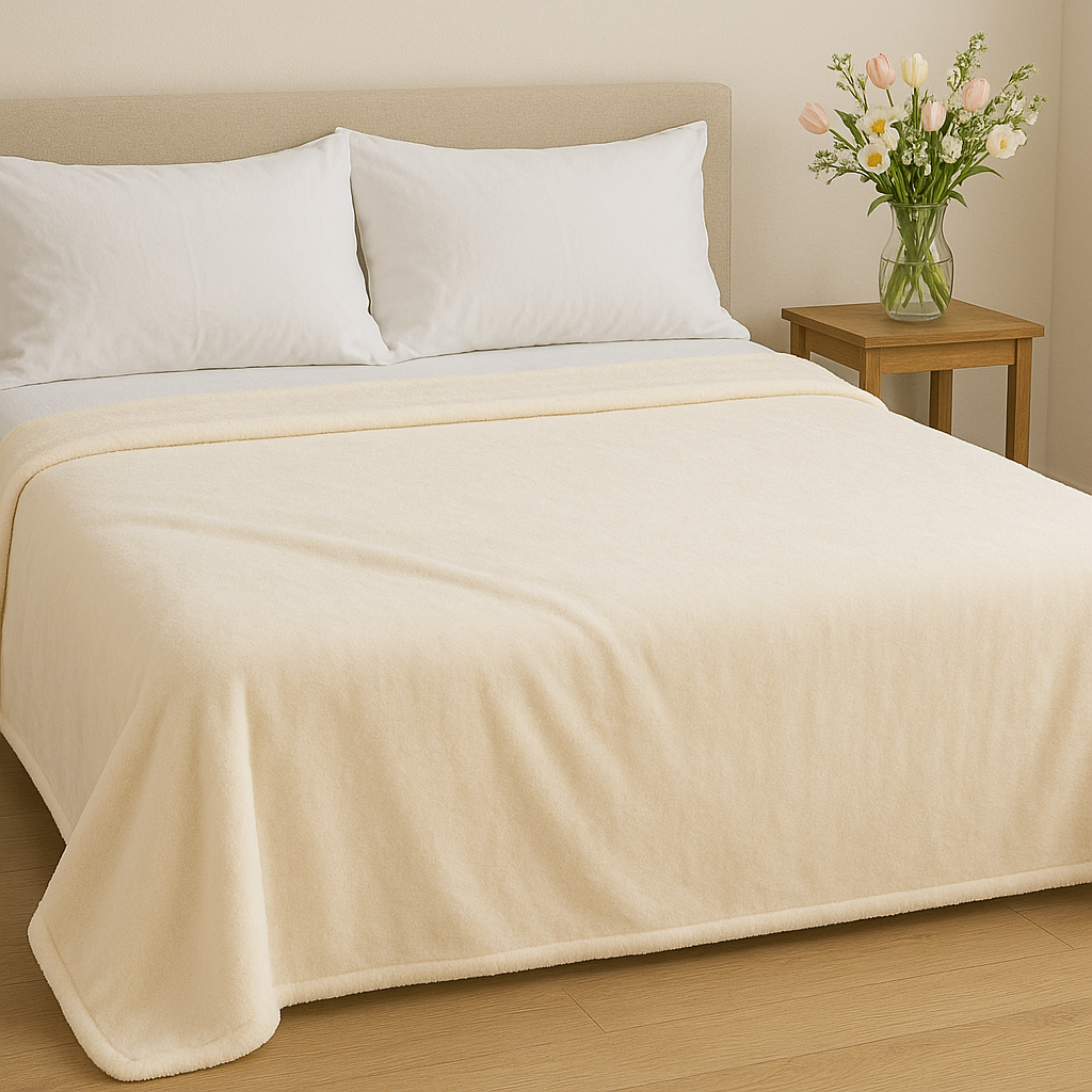 Experience cloud-like comfort with our cream flannel blanket, offering lightweight warmth, breathability, and an elegant neutral tone for any bedroom.