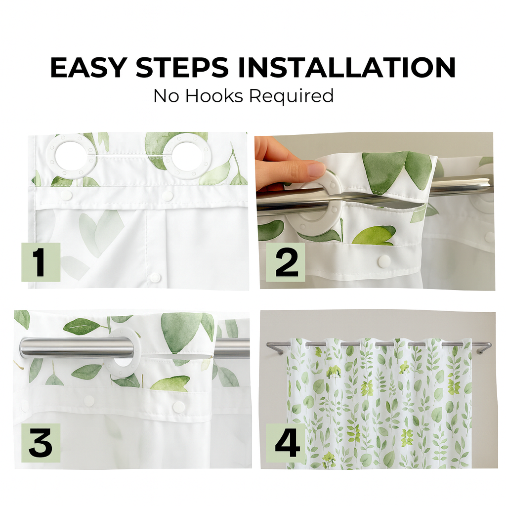 Hookless floral shower curtain in soft green tones with quick snap-in waterproof liner.
