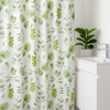 Hookless floral shower curtain in soft green tones with quick snap-in waterproof liner, 71 W x 74 L size.