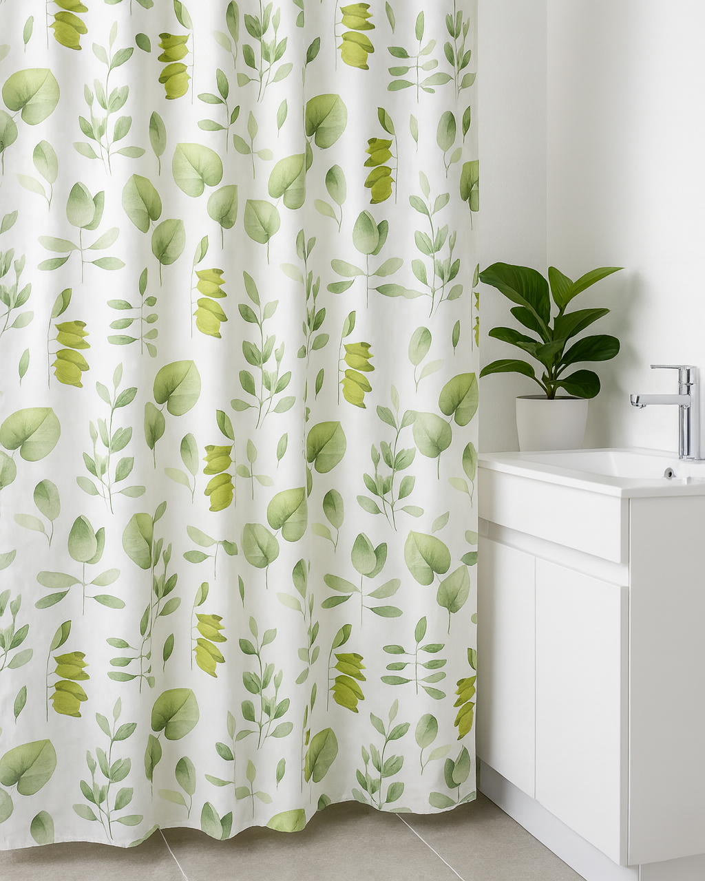 Hookless floral shower curtain in soft green tones with quick snap-in waterproof liner, 71 W x 74 L size.