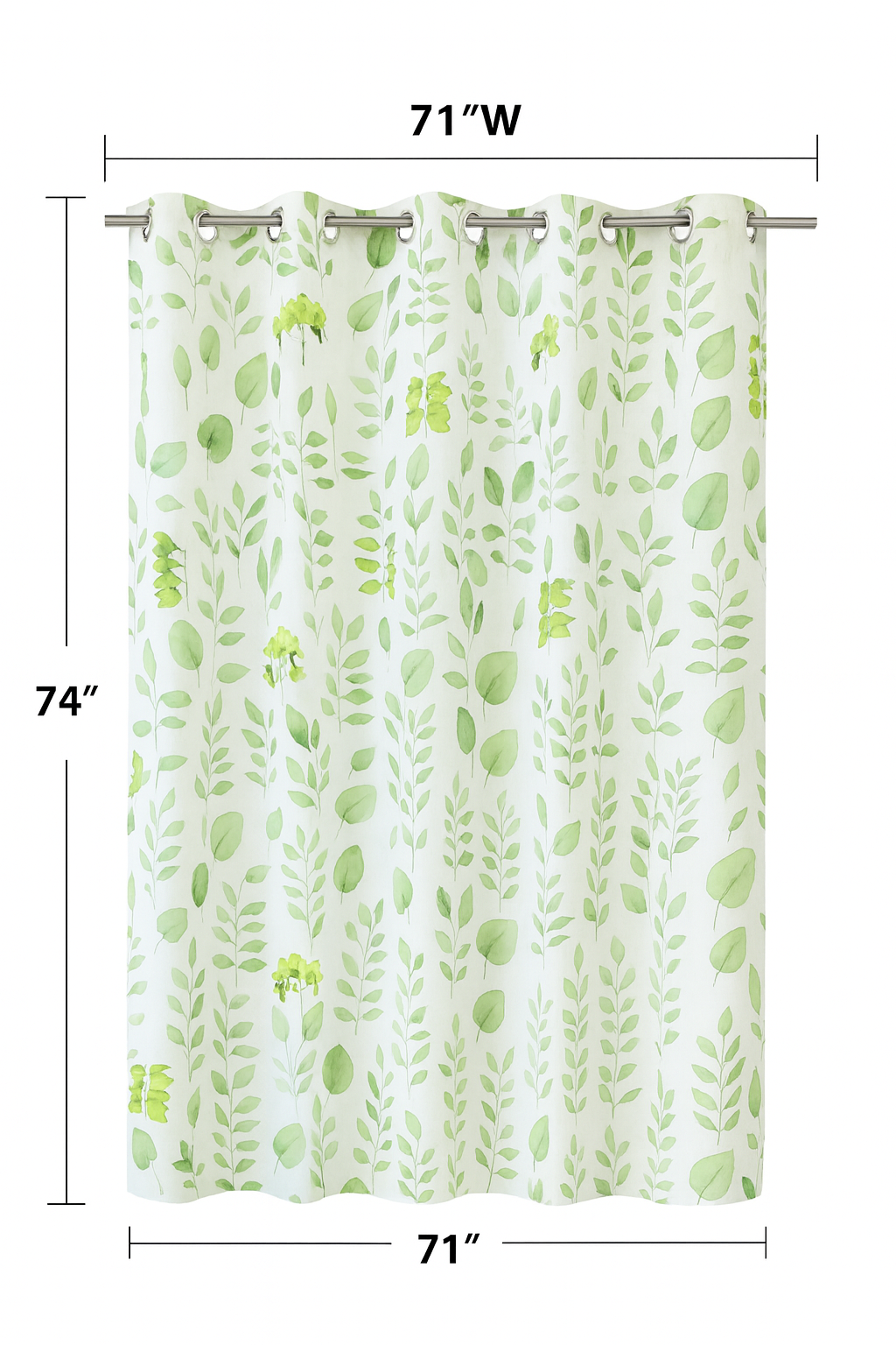Floral green hookless shower curtain with snap-in liner, waterproof and easy to install, size 71 x 74 inches.