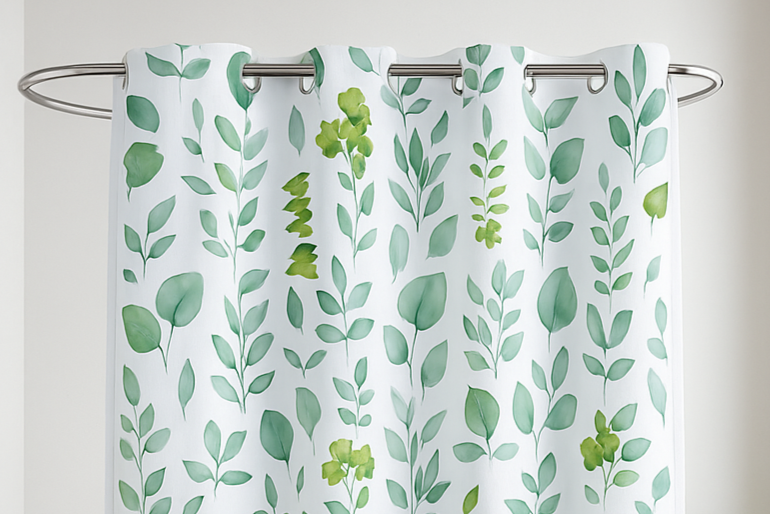Shower curtain with green leaf pattern in a bathroom setting