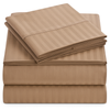Neatly folded brown striped 4-piece bed sheet set including a fitted sheet, flat sheet, and two pillowcases, styled with a clean minimal aesthetic.