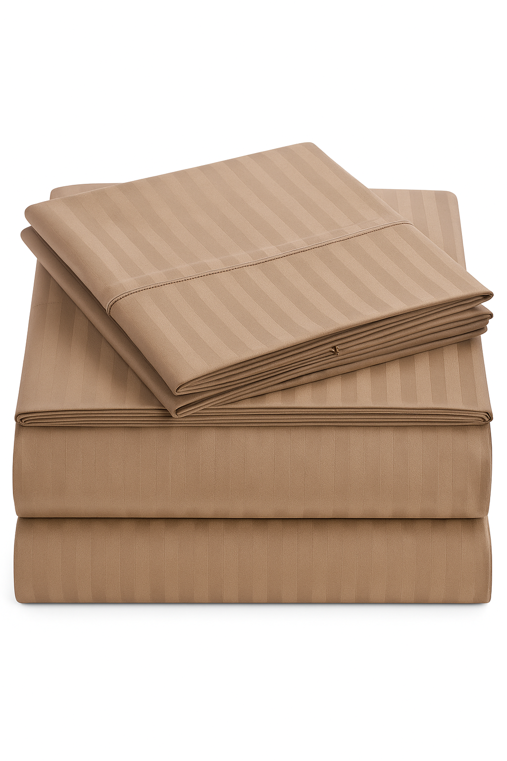 Neatly folded brown striped 4-piece bed sheet set including a fitted sheet, flat sheet, and two pillowcases, styled with a clean minimal aesthetic.