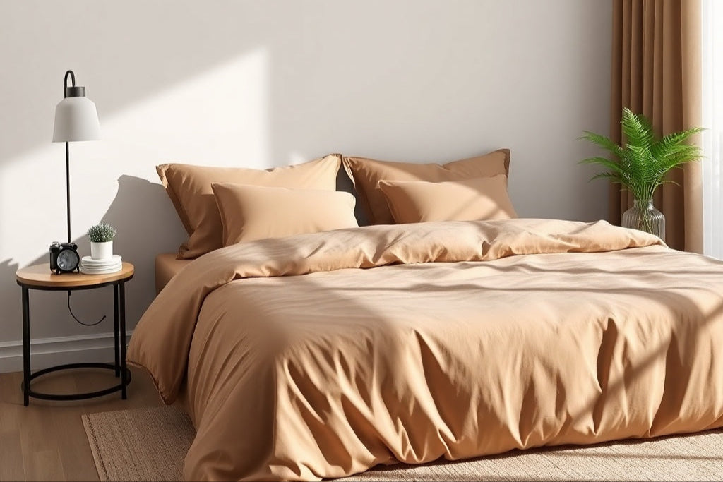 A soft, minimalist solid brown cotton bedsheet designed for families, offering a comfortable and stylish addition to any bedroom.