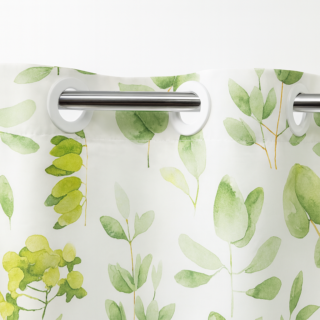 Stylish botanical shower curtain in green, hookless design, easy care with snap-in liner.