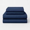 Cozy up with this navy blue cotton bed sheet set. 4 pieces crafted for softness and long-lasting comfort. Perfect for bold, modern bedrooms.