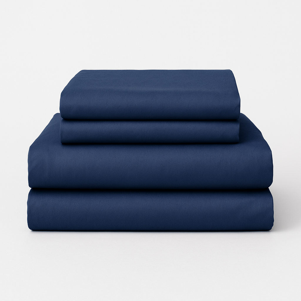Cozy up with this navy blue cotton bed sheet set. 4 pieces crafted for softness and long-lasting comfort. Perfect for bold, modern bedrooms.