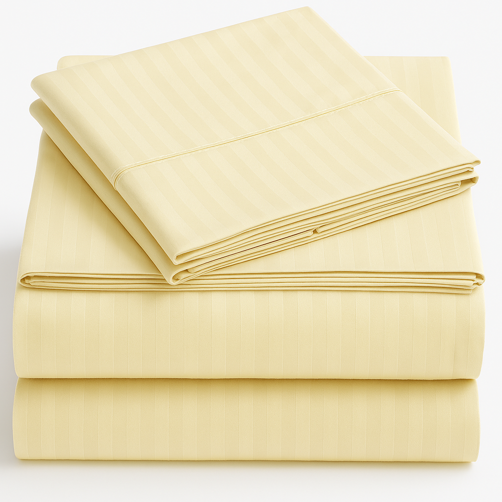Neatly folded cream striped 4-piece bed sheet set including a fitted sheet, flat sheet, and two pillowcases, styled with a clean minimal aesthetic.
