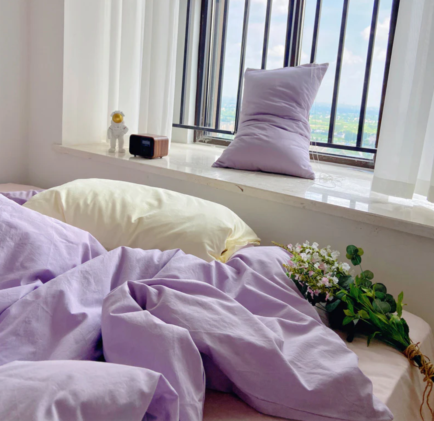 Ulap Bedsheet USA Lavender triple mix and match family bedsheet set pillow on window duvet bedroom window view