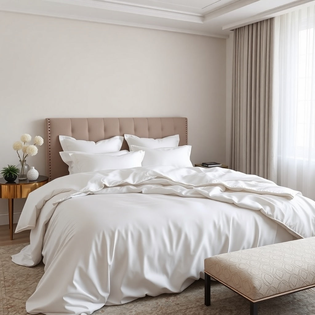 A crisp, all-white minimalist cotton duvet cover bedsheet set, featuring family-friendly, USA-made sheets for a clean, modern bedroom look.
