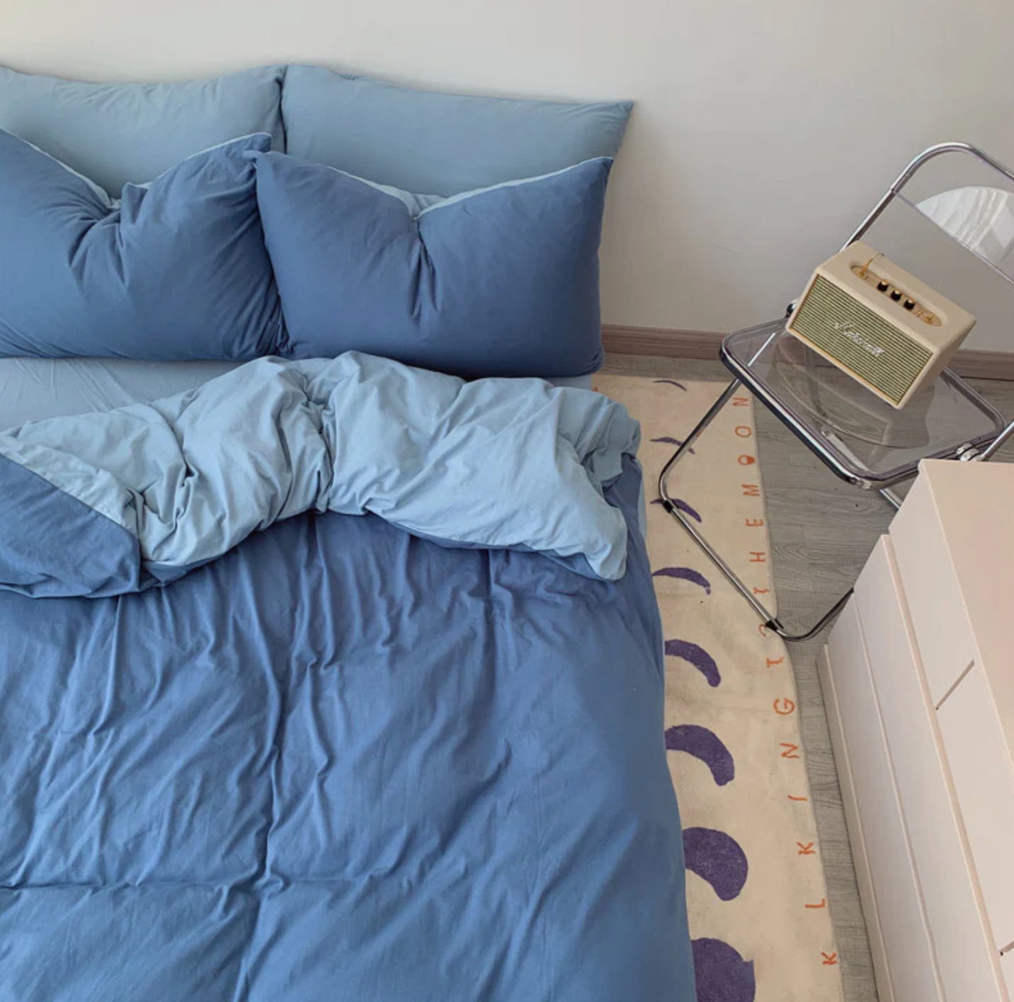 beautiful bedroom with ulap bedsheet usa dual tone-blue lightblue variant family bedsheet duvet top view