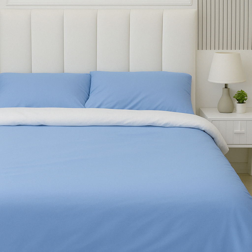 dual color blue and white available in sizes twin, double, queen, king, and California king